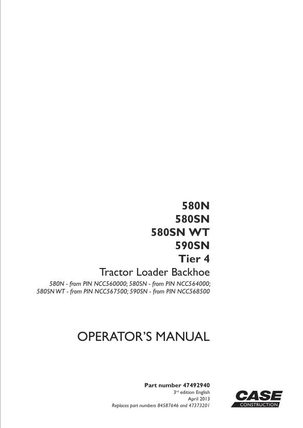 Case Tractor Loader Backhoe 580N to 590SN Tier 4 Operator Manual PDF