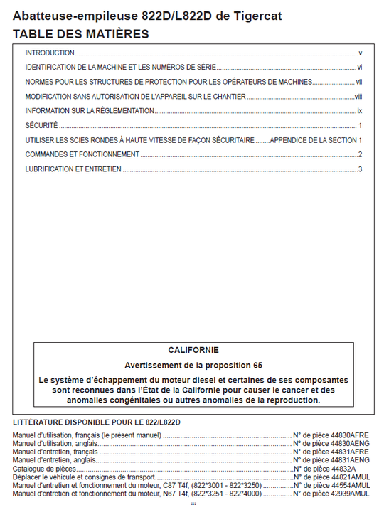 TIGERCAT 822D FELLER BUNCHER OPERATOR MANUAL (82213001-82214000)