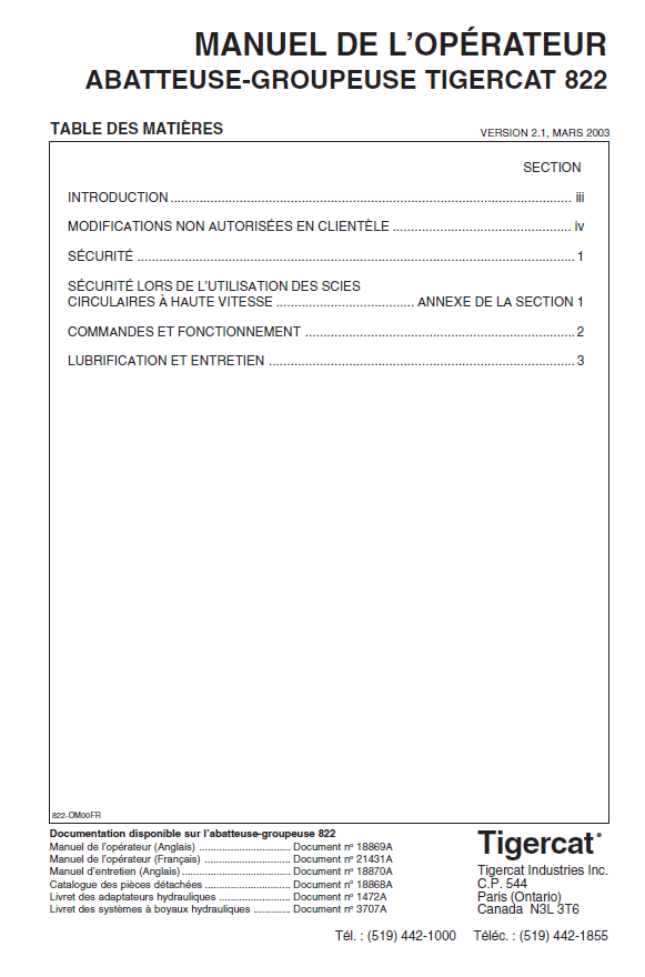 TIGERCAT 822 FELLER BUNCHER OPERATOR MANUAL (8220101-82210999, 8220101-822099)