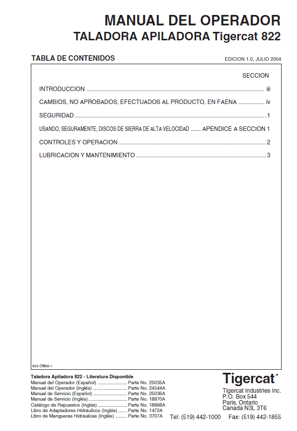 TIGERCAT 822 FELLER BUNCHER OPERATOR MANUAL (8220101-82210999, 822010191-82210999)