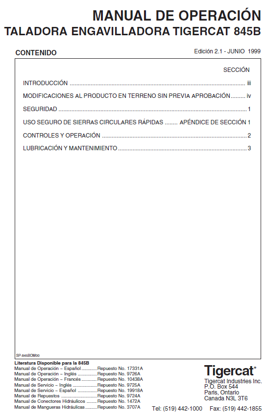 TIGERCAT 845B FELLER BUNCHER OPERATOR MANUAL (8450501-8451499) - PDF FILE DOWNLOAD