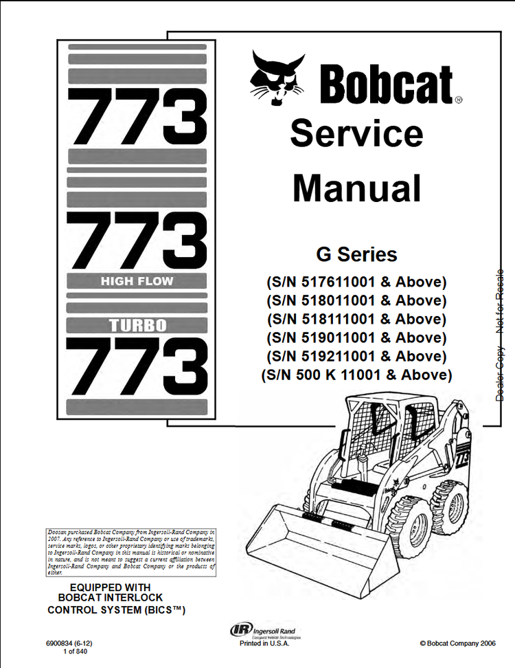 BOBCAT 773, 773 HIGH FLOW, 773 TURBO G SERIES SERVICE MANUAL (6900834) - PDF FILE