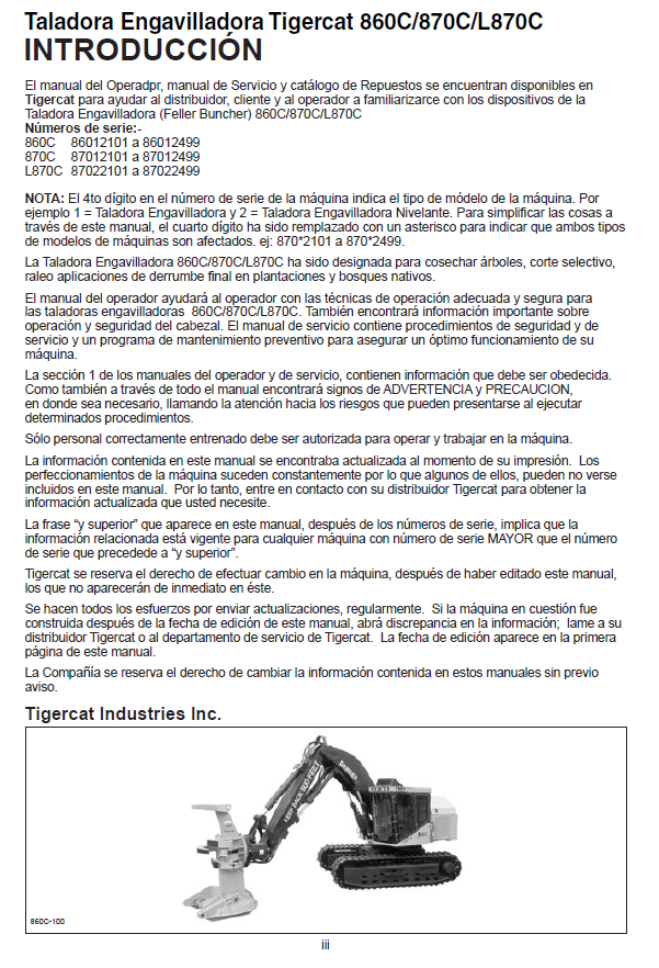 TIGERCAT L870C FELLER BUNCHER OPERATOR/USER MANUAL (87021501-87023500, 87022101-87022499)