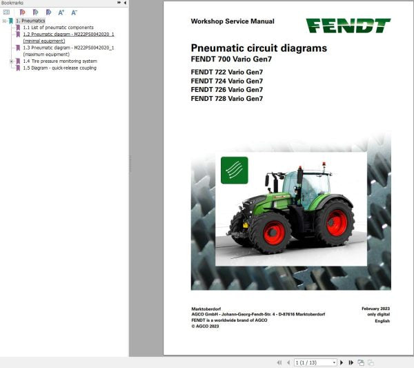 FENDT 700 VARIO GEN7 VIN 706, 707, 708, 709 PNEUMATIC CIRCUIT 968202 DIAGRAMS MANUAL - PDF FILE