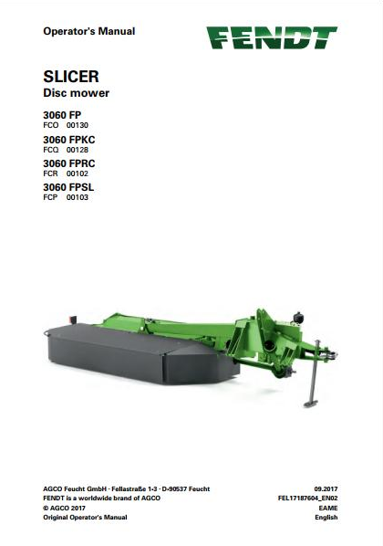FENDT Slicer 3060 FP FPKC FPRC FPSL Disc mower Operator Manual PDF