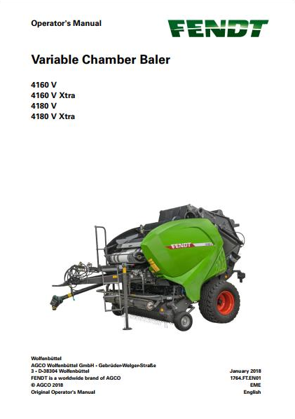 FENDT Variable Chamber Baler 4160 V (Xtra) 4180 V (Xtra) Operator Manual PDF
