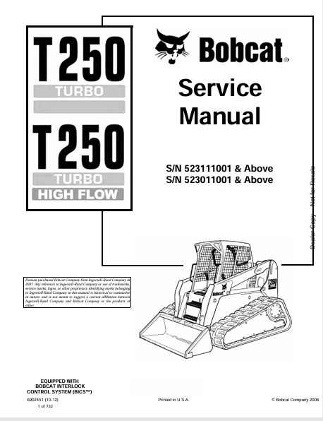 BOBCAT T250 TURBO, T250 TURBO HIGH FLOW SERVICE MANUAL (6902451) - PDF FILE