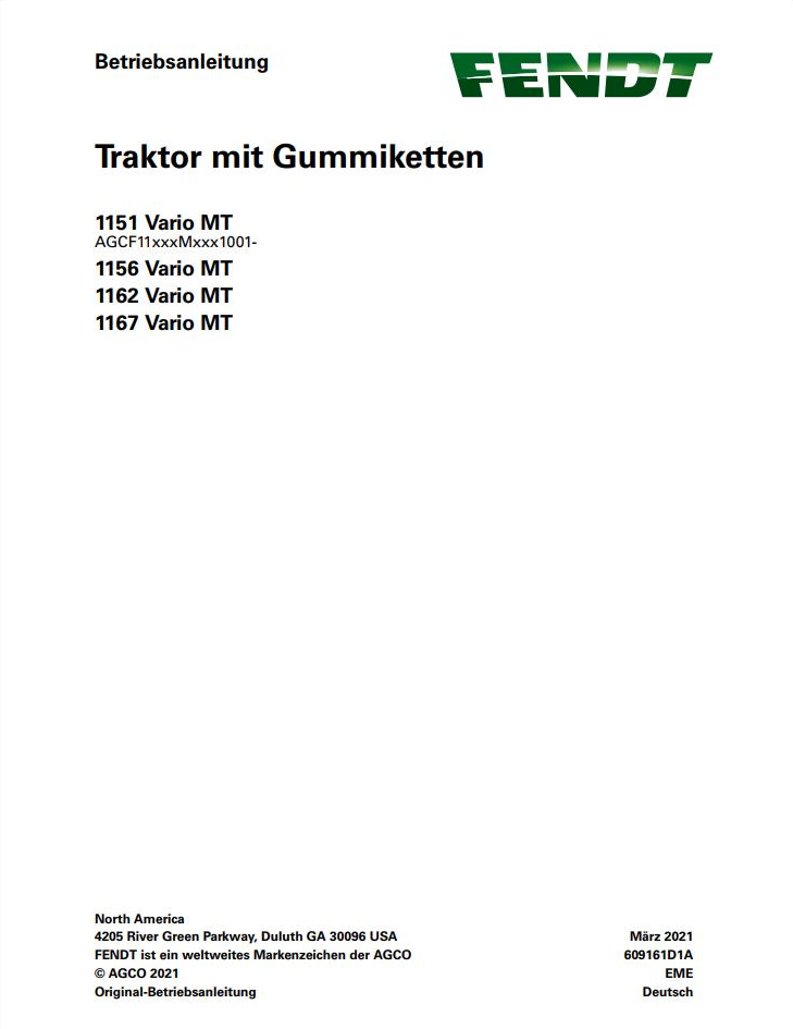 Fendt 1151 1156 1162 1167 Vario MT Operator Manual 609161D1A PDF
