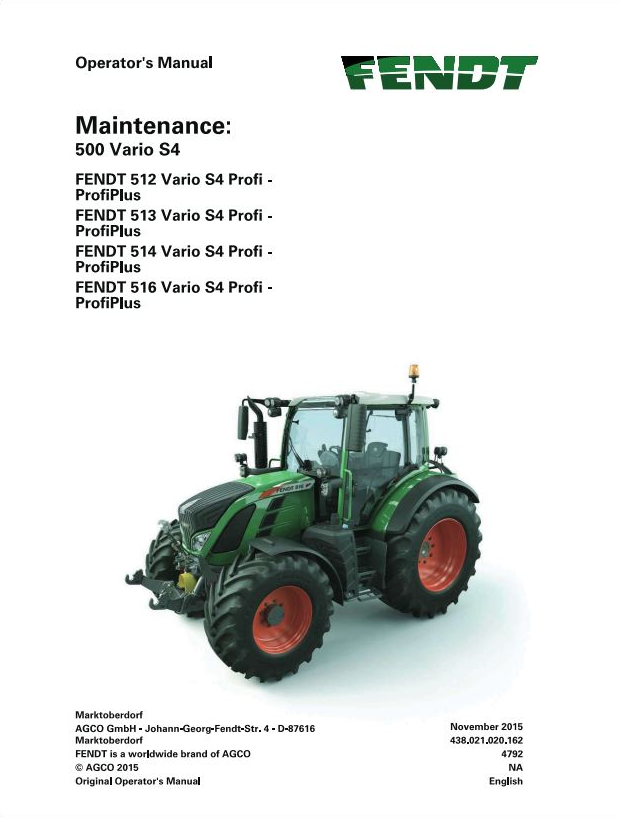 Fendt EuTractor 512 513 514 516 Profi Profiplus, Chassis Prefix 435 436 437 438 Operator Manual PDF