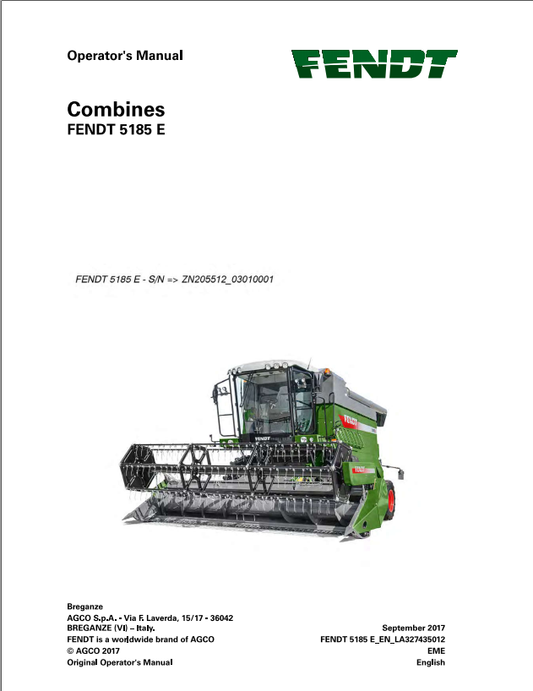 Fendt Eu Harvesting 5185E Combine Operator Manual 2018 3274352F PDF