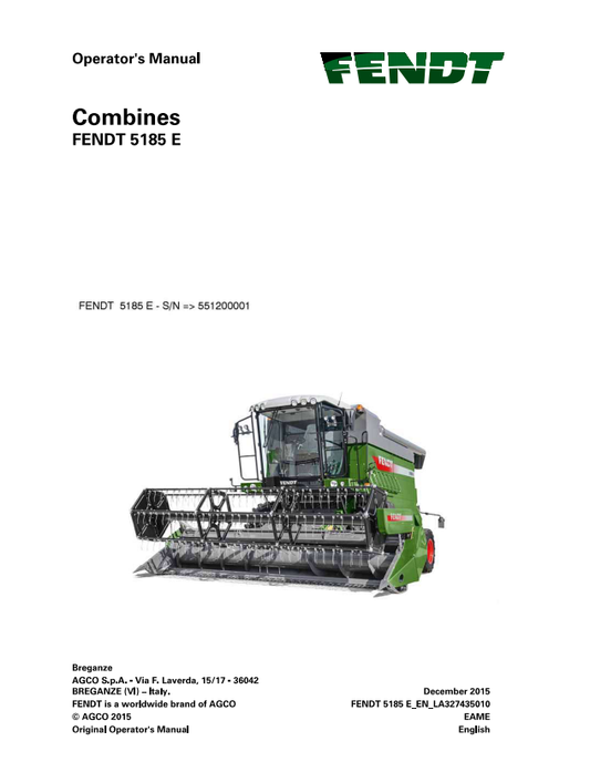 Fendt Eu Harvesting 5185E Combine Operator Manual 2019 3274353F PDF