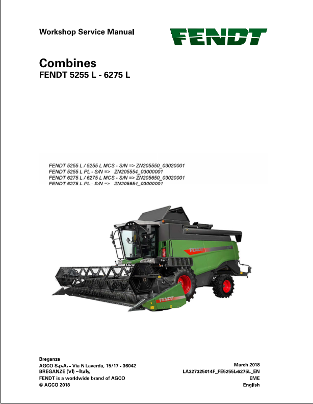 Fendt Eu Harvesting 5255l-6275l Combine Workshop Service Manual 2018 3273254F PDF