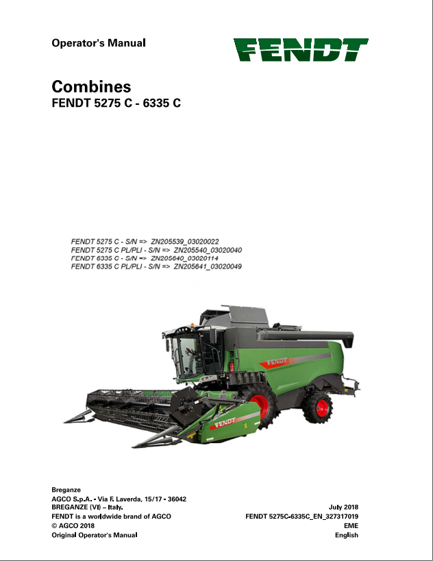 Fendt Eu Harvesting 5275C 6335C Combine Operator Manual 2019 3273179F PDF