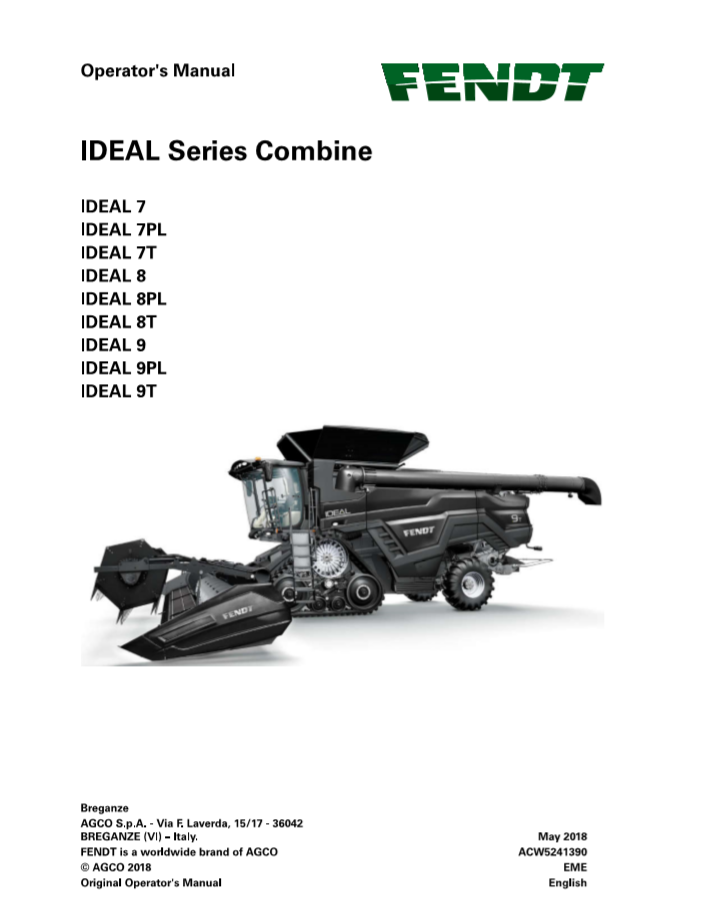 Fendt Eu Harvesting 7 8 9 7T 8T 9T 7PL 8PL 9PL Ideal Combine(2018) Operator Manual PDF