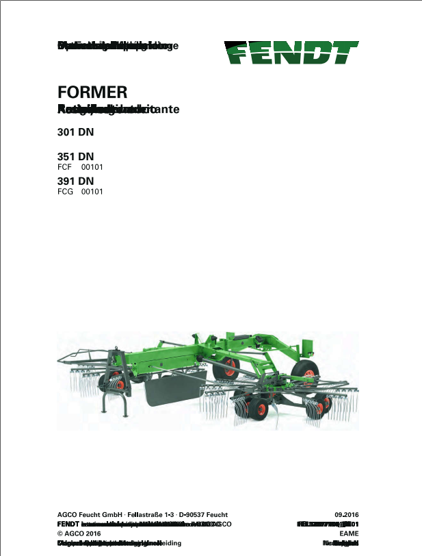 Fendt Eu Hay Equipment Former 301DN 351DN 391DN Operator Manual 2016 Fel12877104 PDF