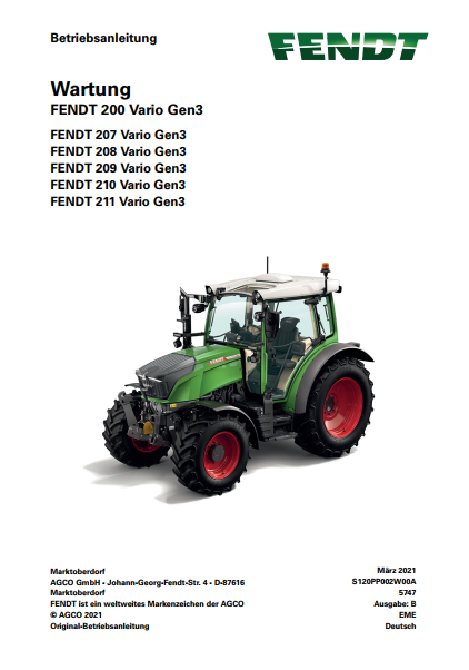 Fendt Tractor 200 Vario Gen 3 Operation & Maintenance Manual PDF