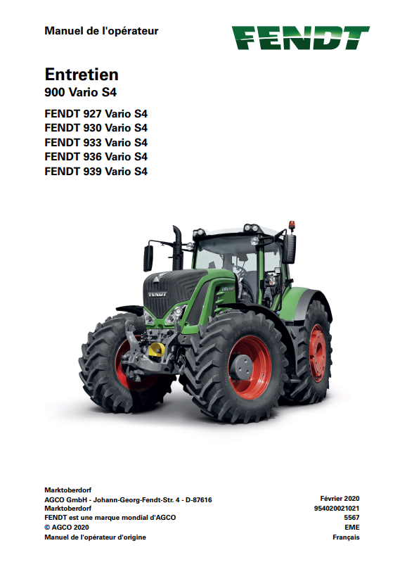 Fendt Tractor 900 Vario S4 VIN 950-954 Diagram Operation Workshop Manual PDF