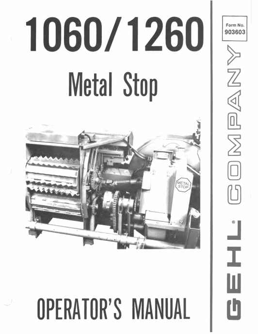 GEHL 1060 & 1260 Metal Stop (903603) Operator Manual PDF Download | Complete Service Guide