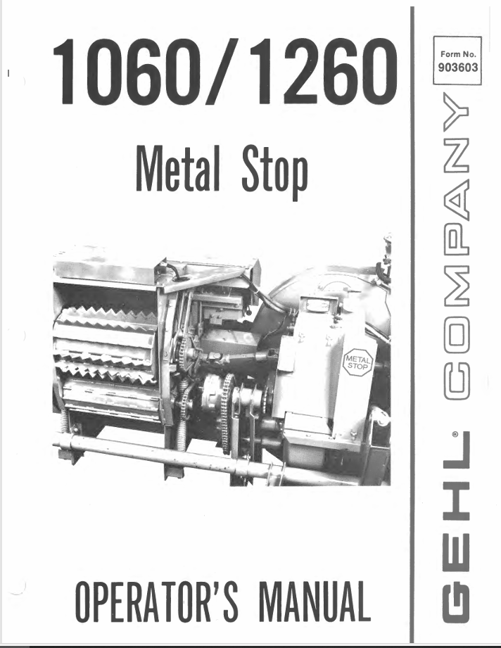 GEHL 1060 & 1260 Metal Stop (903603A) Operator Manual PDF Download