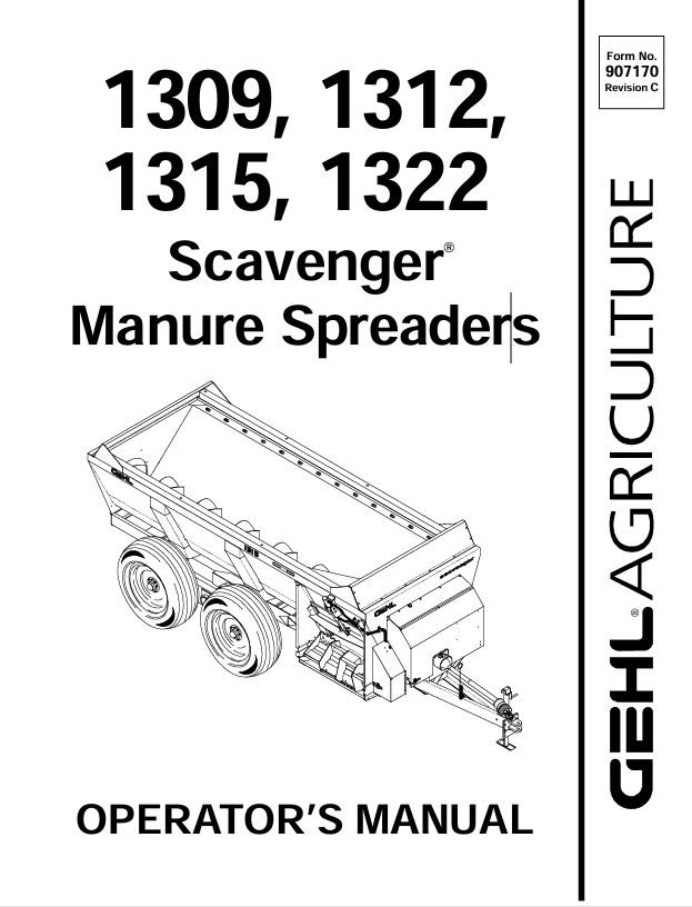 GEHL 1309, 1312, 1315, 1322 SCAVENGER MANURE SPREADERS (907170C) OPERATOR MANUAL PDF DOWNLOAD