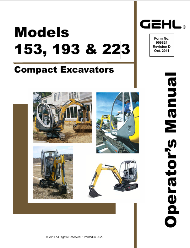 GEHL 153, 193 & 223 Crawler Excavators (909824D) Operator Manual PDF Download