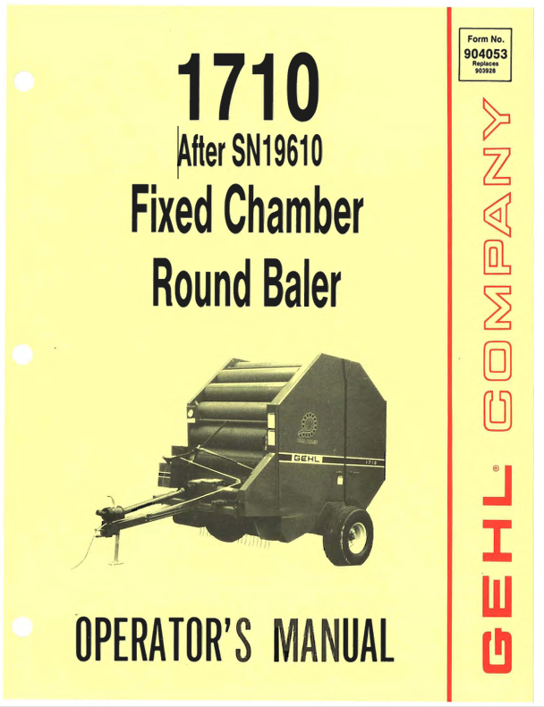 GEHL 1710 Fixed Chamber Round Baler (904053) Operator Manual PDF Download – Complete Operation & Maintenance Guide