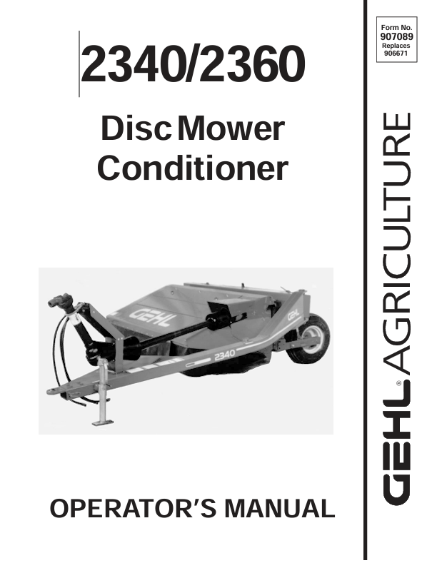 GEHL 2340 & 2360 Disc Mower Conditioner 907089A Operator Manual PDF Download