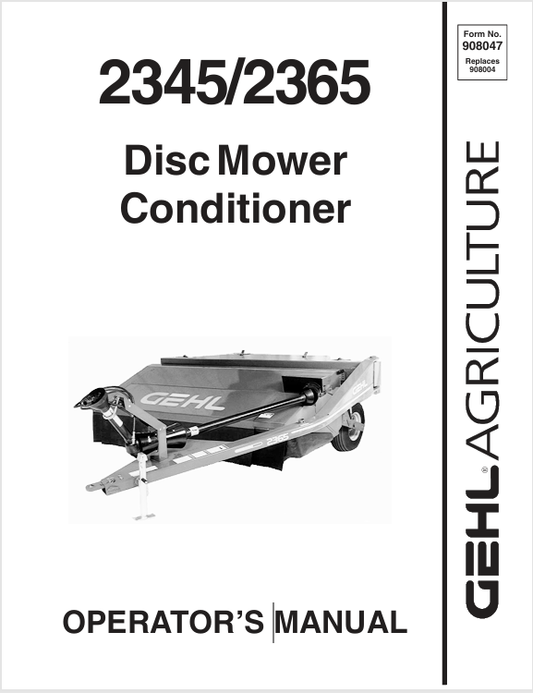 GEHL 2345 & 2365 Disc Mower Conditioner (908047B) Operator Manual PDF Download