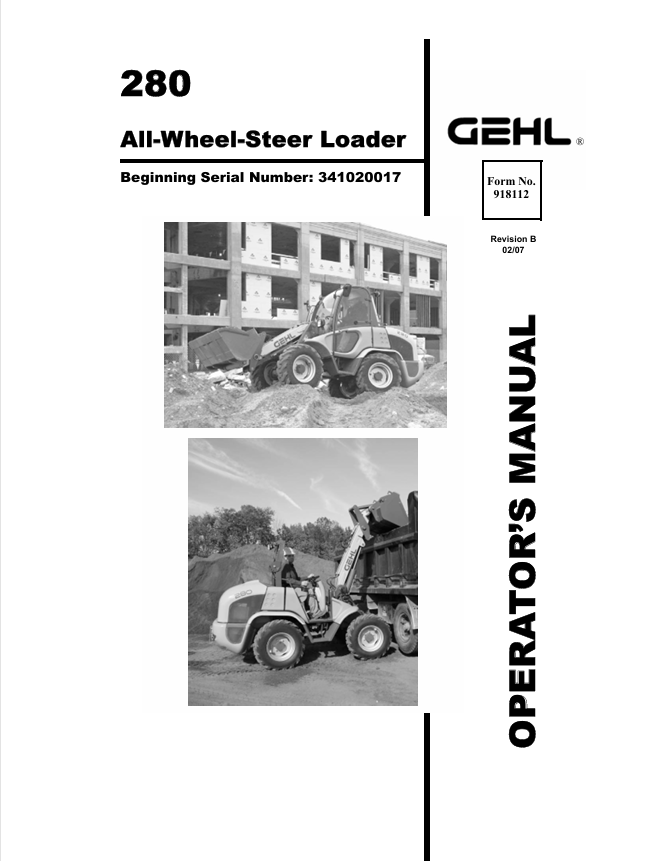 GEHL 280 All-Wheel-Steer Loader (918112B) Operator Manual PDF Download