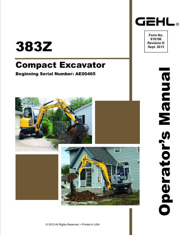 GEHL 383Z Crawler Excavator (918196D) Operator Manual PDF Download | Complete Service Guide
