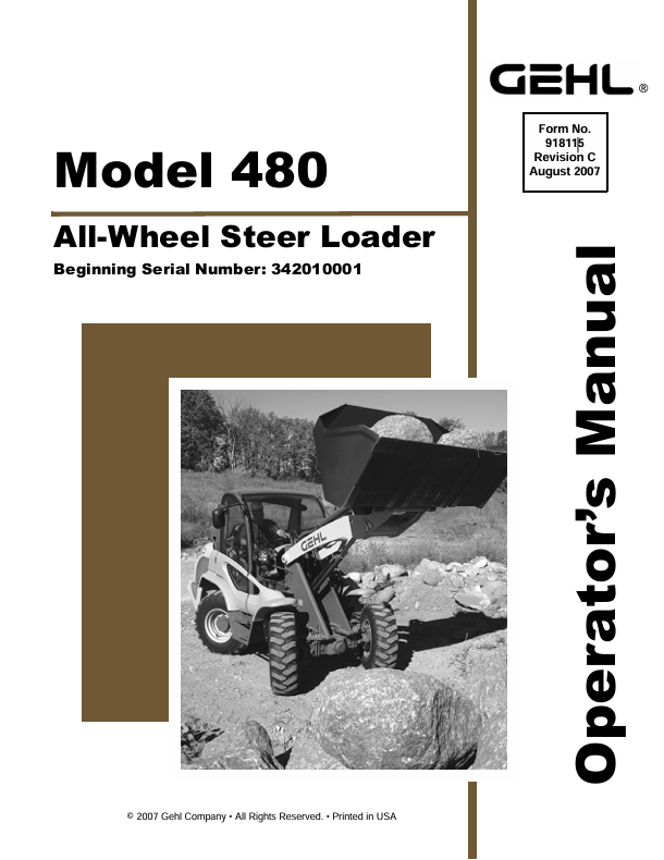 GEHL 480 All-Wheel-Steer Loader (918115C) Operator Manual PDF Download | Complete Operation & Maintenance Guide