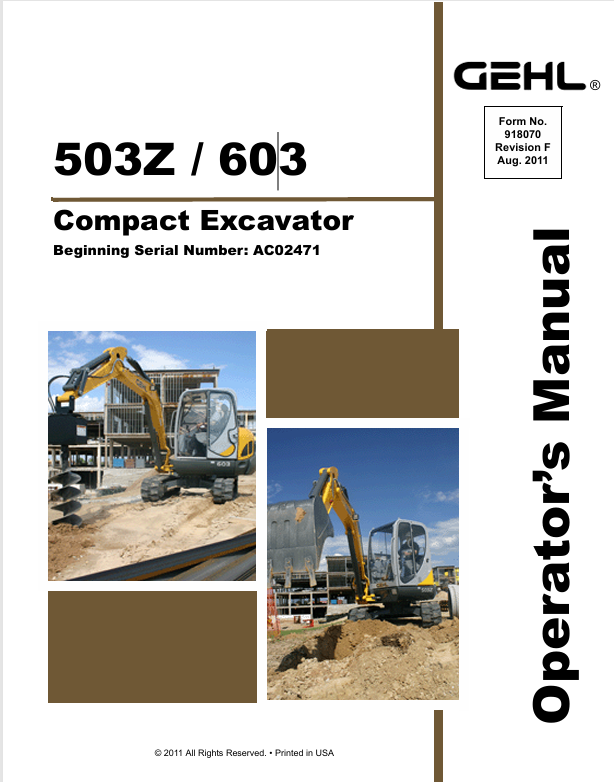 GEHL 503Z & 603 Crawler Excavator (918070F) Operator Manual PDF Download