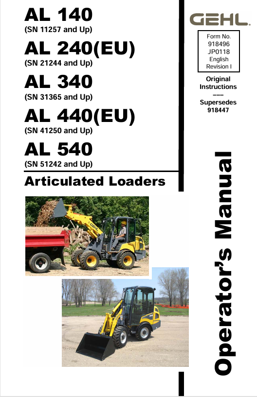GEHL AL 140, AL 240, AL 340, AL 440, AL 540 Articulated Loaders Operator Manual PDF Download (918496I)
