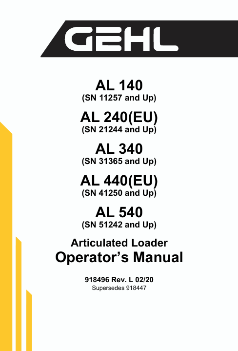 GEHL AL 140, AL 240, AL 340, AL 440, AL 540 ARTICULATED LOADERS (918496) OPERATOR MANUAL PDF DOWNLOAD