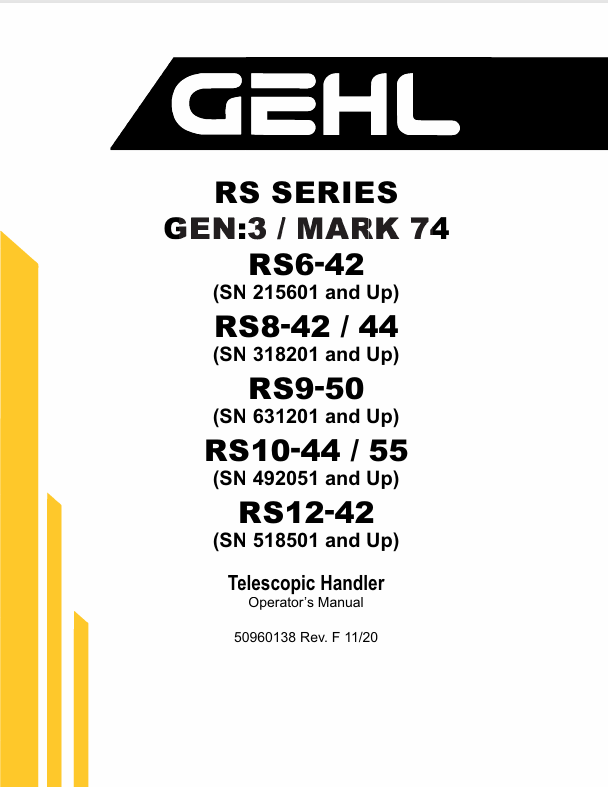 GEHL RS Series Telescopic Handlers 50960138 Operator Manual PDF Download