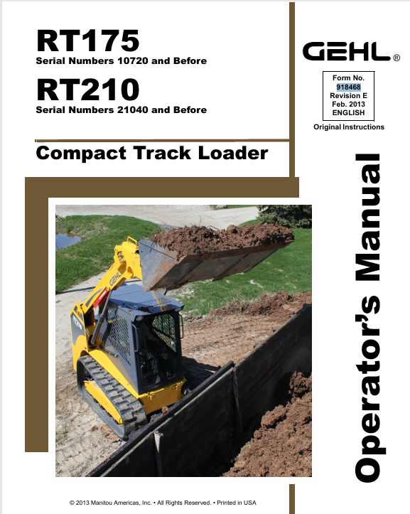 GEHL RT175 & RT210 Compact Track Loader (918468E) Operator Manual PDF Download – Complete Operation & Maintenance Guide
