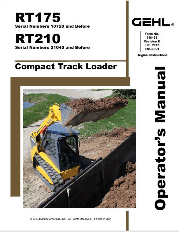 GEHL RT175 & RT210 Compact Track Loader Operator Manual (918468) PDF Download
