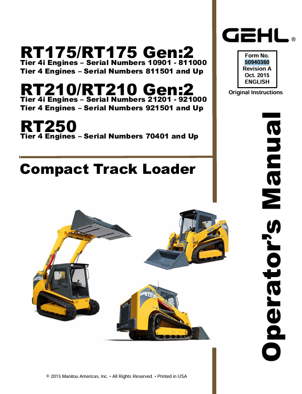 GEHL RT175 RT210 RT250 Compact Track Loader 50940360A Operator Manual PDF Download