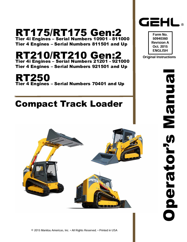 GEHL RT175, RT210 & RT250 Compact Track Loader Operator Manual PDF (50940360)