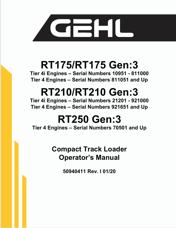 GEHL RT175 RT210 RT250 Compact Track Loader 50940411 Operator Manual PDF Download