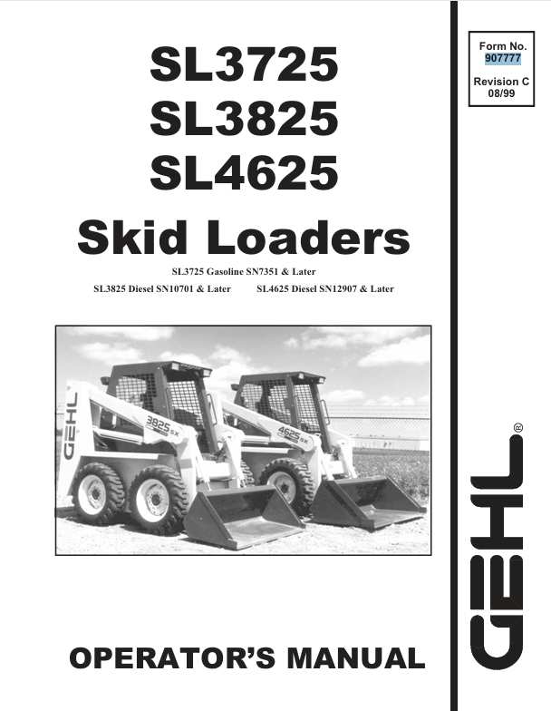 GEHL SL3725 SL3825 SL4625 Skid Loaders 907777C Operator Manual PDF Download