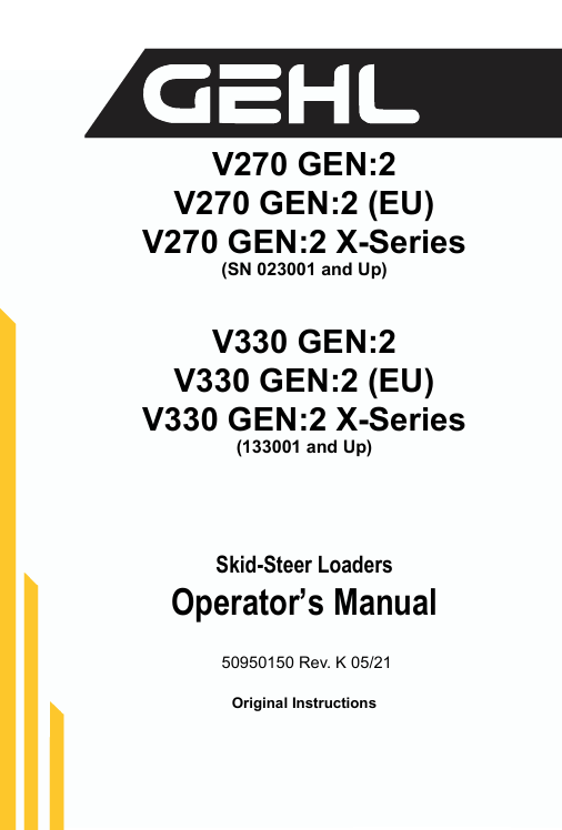 GEHL V270 & V330 Skid Steer Loader Operator Manual PDF (50950150)