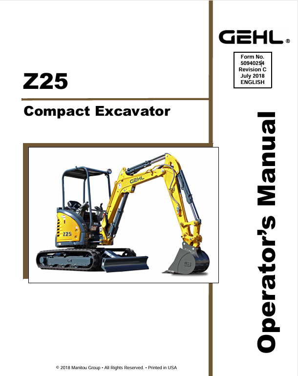 GEHL Z25 Crawler Excavator (50940254A) Operator Manual PDF Download