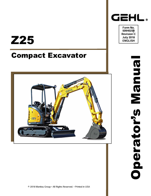 GEHL Z25 Crawler Excavator 50940254C Operator Manual PDF Download