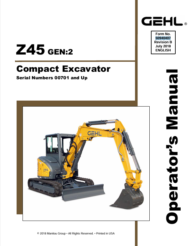 GEHL Z45 Crawler Excavator (50940407B) Operator Manual PDF Download – Complete User Guide