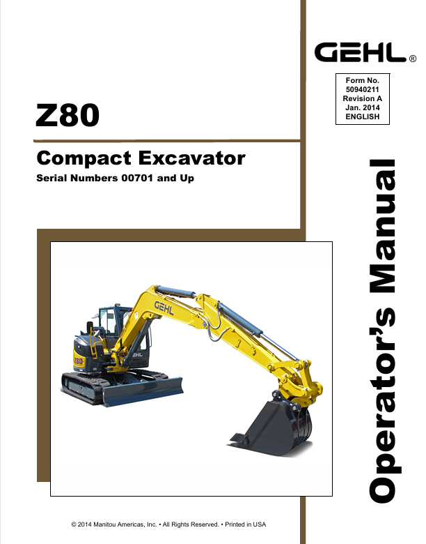 GEHL Z80 Crawler Excavator (50940211A) Operator Manual PDF Download