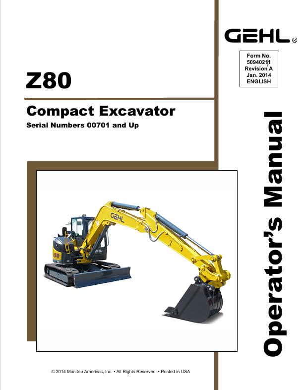 GEHL Z80 Crawler Excavator (50940211A) Operator Manual PDF Download | Complete Service Guide