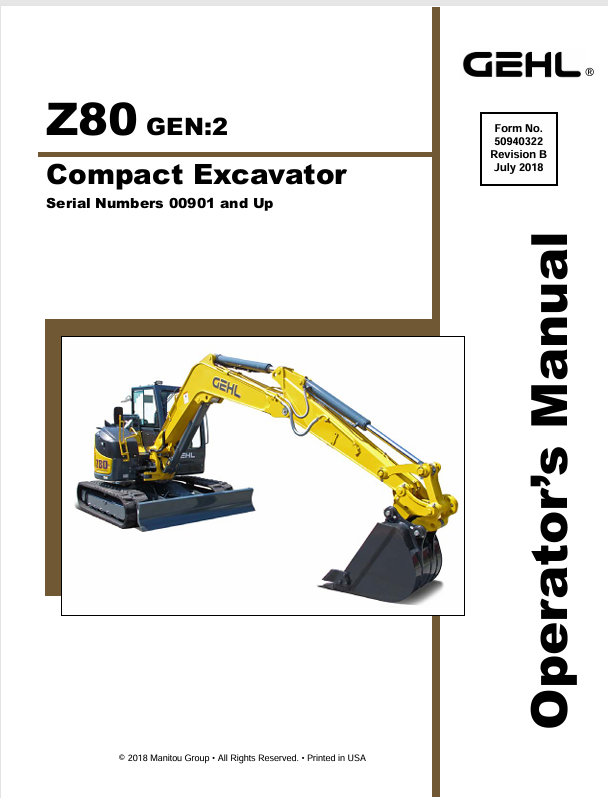 GEHL Z80 Crawler Excavator (50940322B) Operator Manual PDF Download