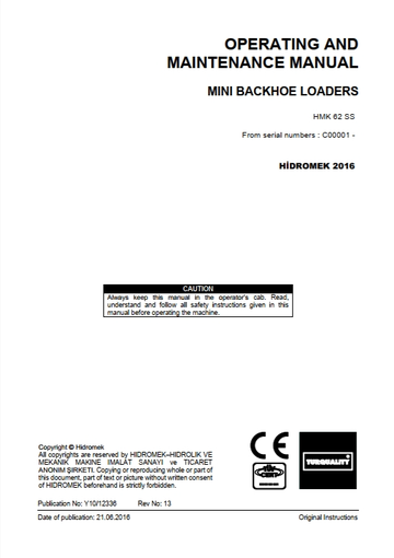 Hidromek Mini Backhoe Loader HMK62SS Operating and Maintenance