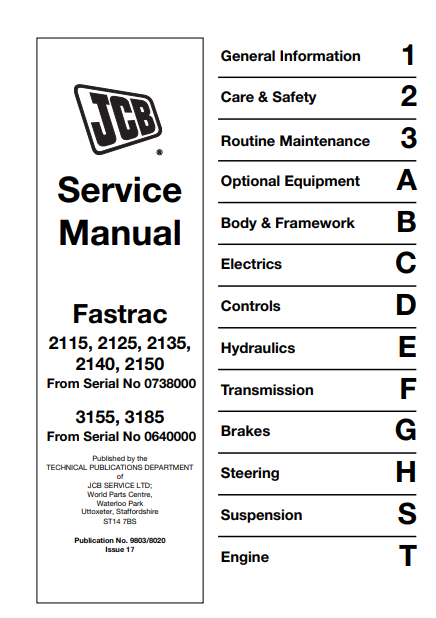 JCB Fastrac 2115, 2125, 2135, 2140, 2150, 3155 & 3185 Service Repair Manual